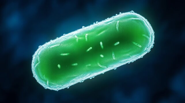 3D Illustration of a Green Microscopic Bacterium Cell Under a Microscope for Medical Research Science