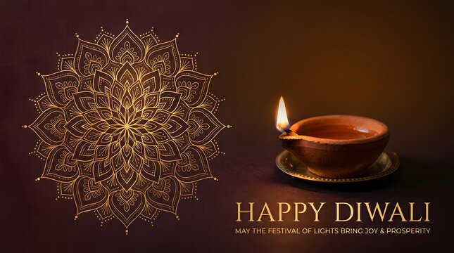 Elegant golden mandala art on dark brown background with a glowing oil lamp for a festive and traditional happy diwali background design