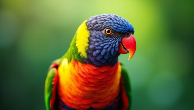 Colorful rainbow lorikeet parrot portrait against a soft green background
