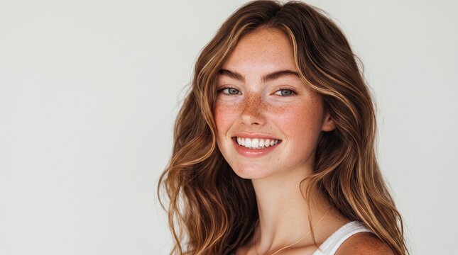 Portrait of a beautiful smiling young woman with natural freckles and long wavy hair posing against a light background, skin care, dental hygiene