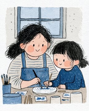 mother and child painting a ceramic plate together in a cozy workshop