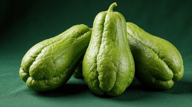 Three raw green chayote squash rest on dark textured surface. Fresh mirlophone vegetables with wrinkled skin display natural organic farm food. Healthy diet nutrition ingredient for culinary