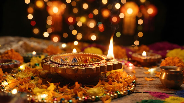 A beautiful festive diwali background featuring a traditional oil lamp glowing brightly amidst colorful marigold flower petals and soft bokeh golden lights