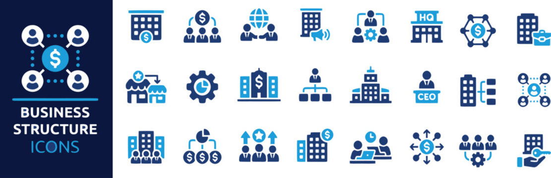 Business Structure Icons Set - Corporate Hierarchy, Organizational Chart, Management and Company Network Vector Symbols