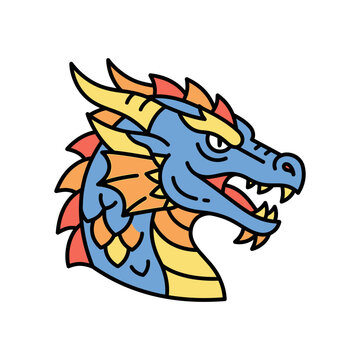 Colorful dragon head with sharp teeth.