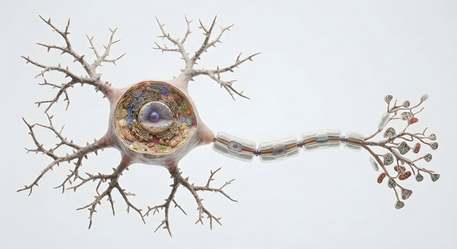 Ultra Realistic Human Neuron Cell Anatomy with Myelinated Axon and Cellular Organelles &ndash; 3D Medical Illustration