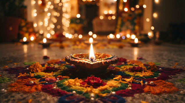 A beautiful festive diwali background featuring a traditional glowing clay diya lamp placed on a colorful floral rangoli pattern with soft bokeh lights