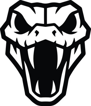 Aggressive snake head mascot vector, angry viper snake with open mouth and fangs, black and white cobra serpent logo for gaming and sports teams