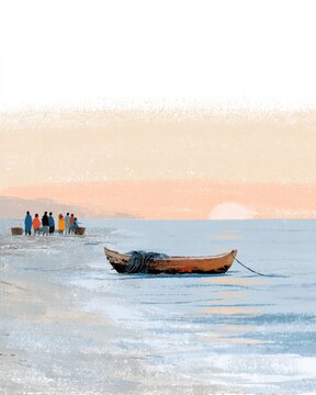 fictional indonesian fishermen gather on a shore with a small wooden boat during sunrise