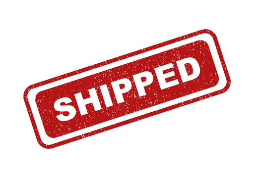 Red shipped rubber stamp icon with grunge texture effect