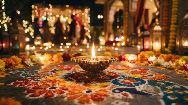 A beautiful traditional oil lamp placed on a colorful floral rangoli pattern creating a festive and warm glowing diwali background for celebration