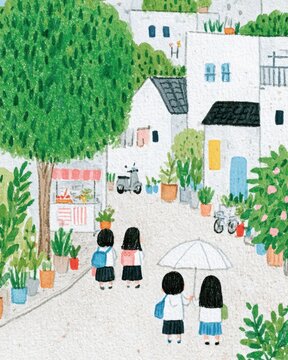 illustration of fictional indonesian schoolchildren walking through a village street