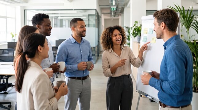 Group of people having a meeting in an office space while discussing ideas and sharing drinks