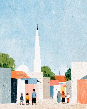 illustration of indonesian residents greeting one another in a village street with a mosque in the background