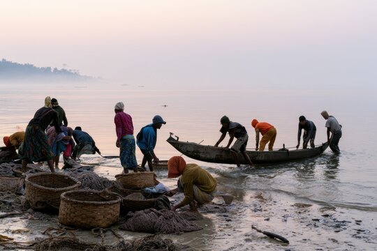 group of indonesian fishermen and women working by the water at dawn