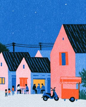 illustrative scene of an indonesian village evening gathering with people and buildings under a starry sky