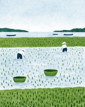 illustrative scene of indonesian coastal families working in a rice paddy field with boats on the water