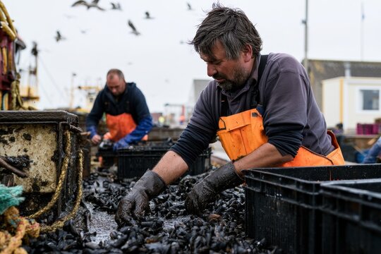 two fishermen sort through freshly caught mussels on a boat deck under a cloudy sky with birds