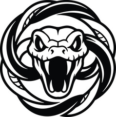 Aggressive snake head mascot vector, coiled viper serpent with fangs, black and white cobra emblem for sports team branding and apparel design © SyedaAroosha