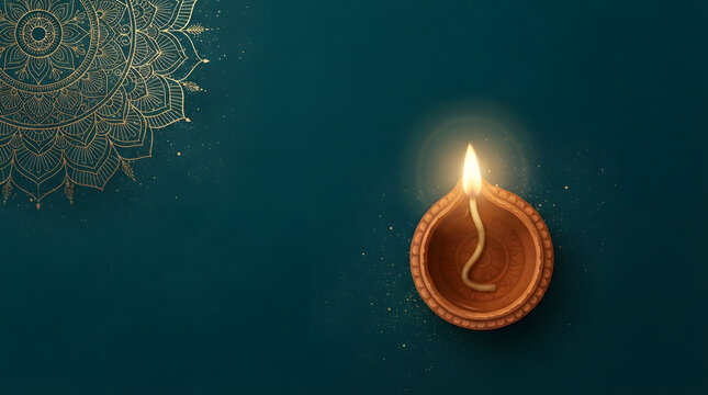 A beautiful festive diwali background featuring a glowing traditional clay diya lamp with golden mandala patterns on a dark teal textured surface