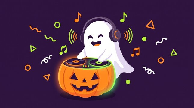 Cute ghost DJ wearing headphones playing music on pumpkin turntables, Halloween party illustration, spooky festive character with musical notes