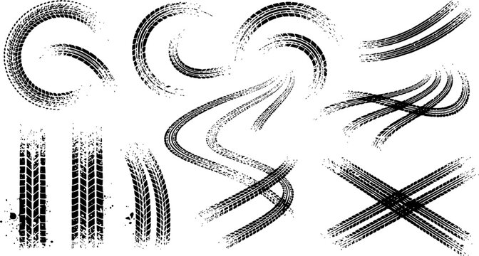 Tire tread marks after skidding, launch, drift, powerslide in motorsport, rally, off-road, motocross. Wheel texture with splash effect. Vector, transparent EPS version.