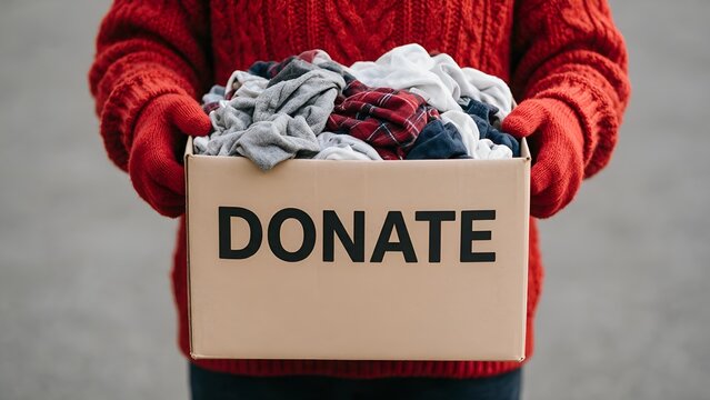 Person wearing a warm red knitted sweater and matching gloves holds a large cardboard box filled with various donated clothing items during the cold winter season