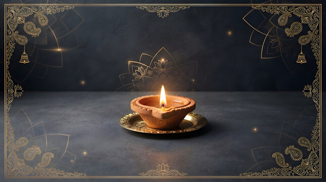 A beautiful glowing clay diya lamp placed on a dark textured surface creating an elegant and festive traditional diwali background for celebration greeting cards