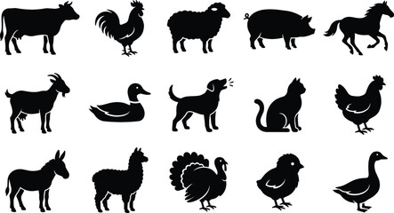 Farm Animal and Livestock Silhouette Icon Set Featuring Cow, Rooster, Sheep, Pig, Horse, and Goat Graphics for Agriculture and Countryside Branding © Himu 