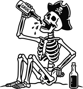 Pirate skeleton drinking grog bottle vector illustration
