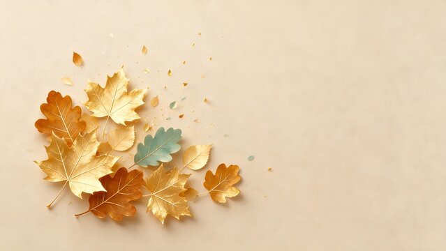 Golden autumn leaves arranged artistically on a soft beige background to create a luxurious seasonal composition perfect for elegant festive invitations and high end graphic designs