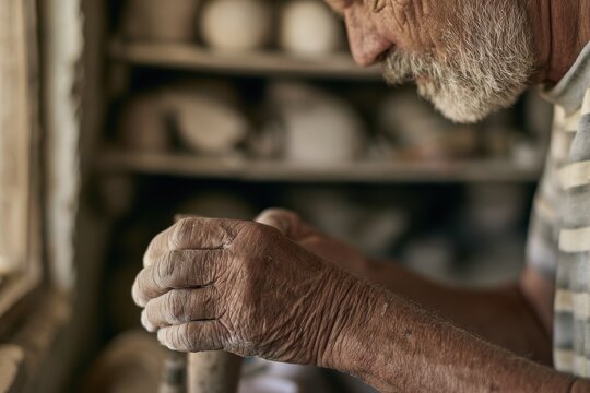 senior man with a white beard works with clay in a rustic pottery studio