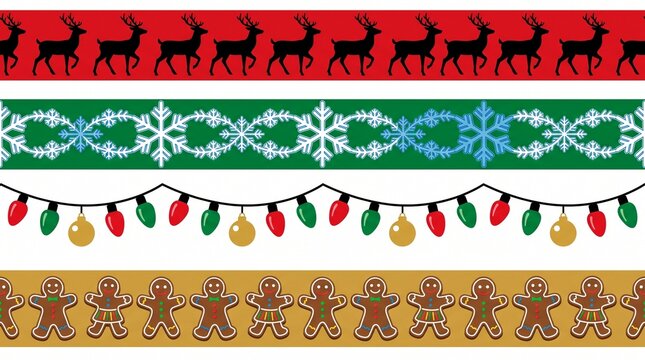 Christmas decorative borders set with reindeer, snowflakes, and gingerbread men. Festive holiday ribbons and winter pattern dividers for seasonal greeting cards.