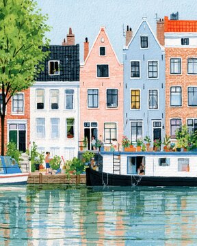 pure illustration of life on a dutch houseboat with colorful canal houses