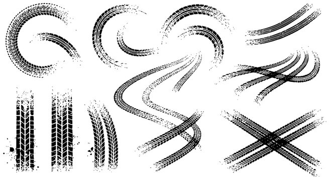 Tire tread marks after skidding, launch, drift, powerslide in motorsport, rally, off-road, motocross. Wheel texture with splash effect. Vector, transparent PNG version.