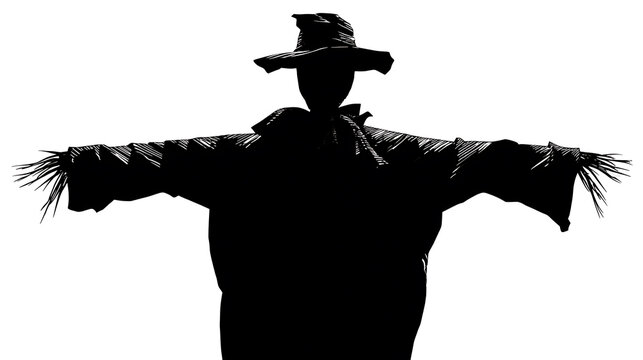 A silhouetted scarecrow stands in an open field, its arms outstretched as if in welcome or warning. The hat is worn and tilted, and the clothes appear tattered.