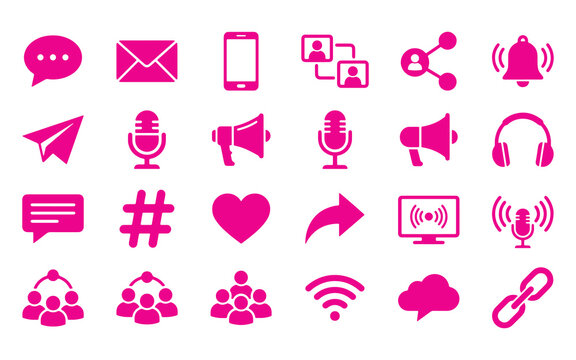 Collection of pink communication and social media flat icons for International Youth Day