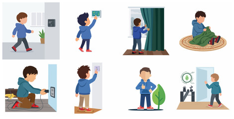 Fototapeta premium Set of illustrations of a little boy practicing energy saving and eco-friendly habits at home for a sustainable lifestyle.