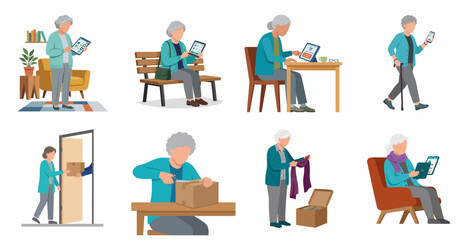 Fototapeta premium Senior Woman Shopping Online and Using Mobile Devices Vector Illustration Set. Elderly Lady Navigating E-commerce Apps, Making Payments, and Receiving Home Deliveries.