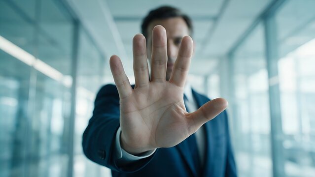 Professional businessman in dark suit reaching out with palm raised to signal stop gesture within modern office interior while looking directly at the camera lens