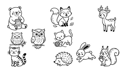 Obraz premium Cute Animal Doodle Icon Collection Black Hand Drawn Cartoon Wildlife Vector Set