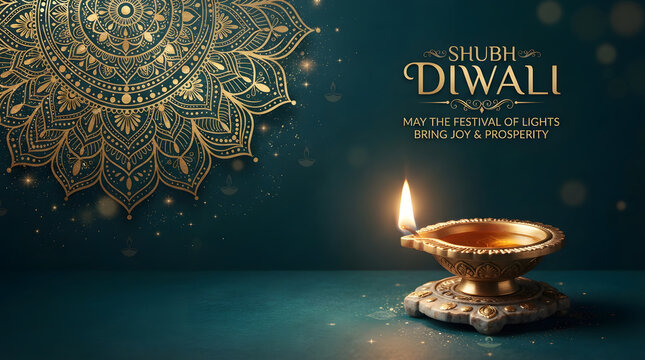 Elegant dark teal and gold diwali background featuring a glowing traditional oil lamp and intricate mandala pattern for indian festival celebration greeting cards