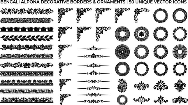 50 unique bengali alpona decorative border vector icons