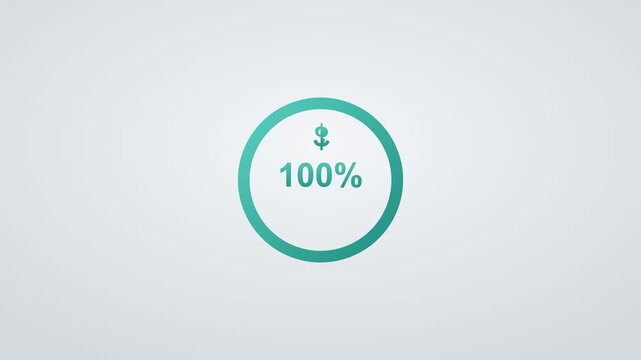 financial growth concept with a circular progress ring reaching one hundred percent, teal color scheme