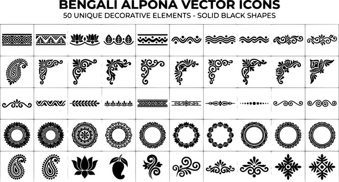 Bengali alpona decorative vector icons set with black patterns