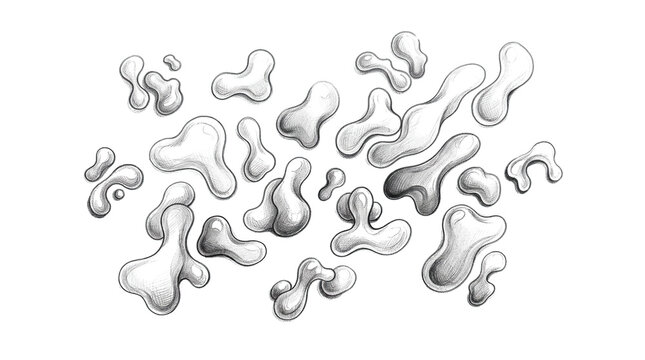 Abstract background with floating liquid blobs in a hand drawn sketch style on a solid black backdrop