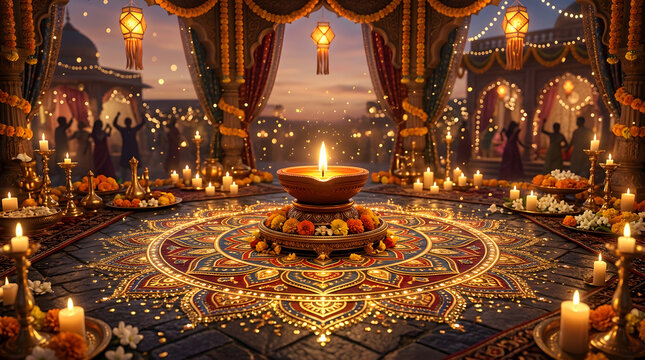 A beautiful festive diwali background featuring a glowing diya lamp placed on an intricate colorful rangoli pattern surrounded by warm candle lights