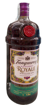 One-liter bottle of Tanqueray Blackcurrant Royale gin, made with Tanqueray London Dry Gin blended with blackcurrants, vanilla, and black orchid.Milan Italy, 01 August 2026
