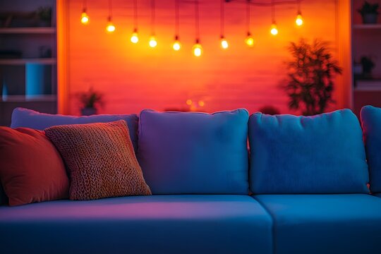 Cozy living room interior with a comfortable sofa and warm glowing string lights at night time.