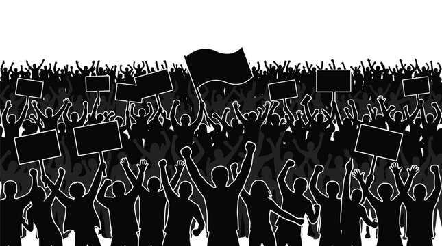 Large crowd silhouettes protesting with blank signs and raised flag in this detailed vector graphic illustration